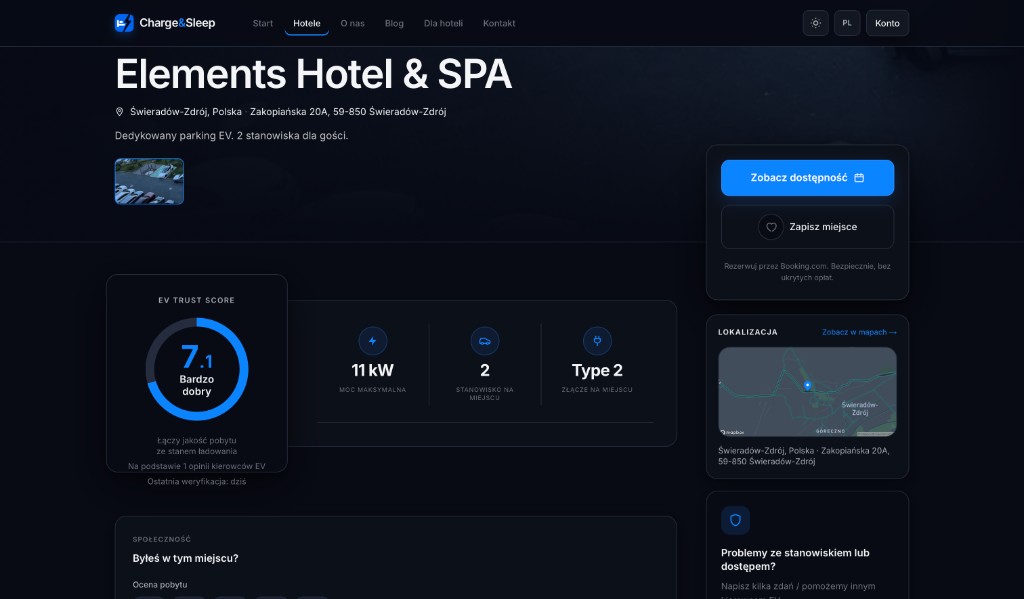 Karta hotelu z EV Trust Score
