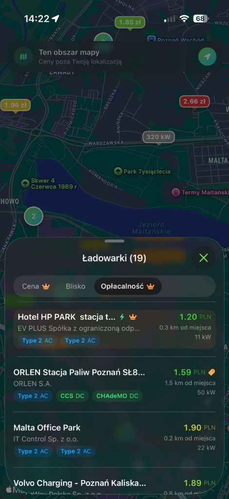 Mapa WattRate z cenami ładowania