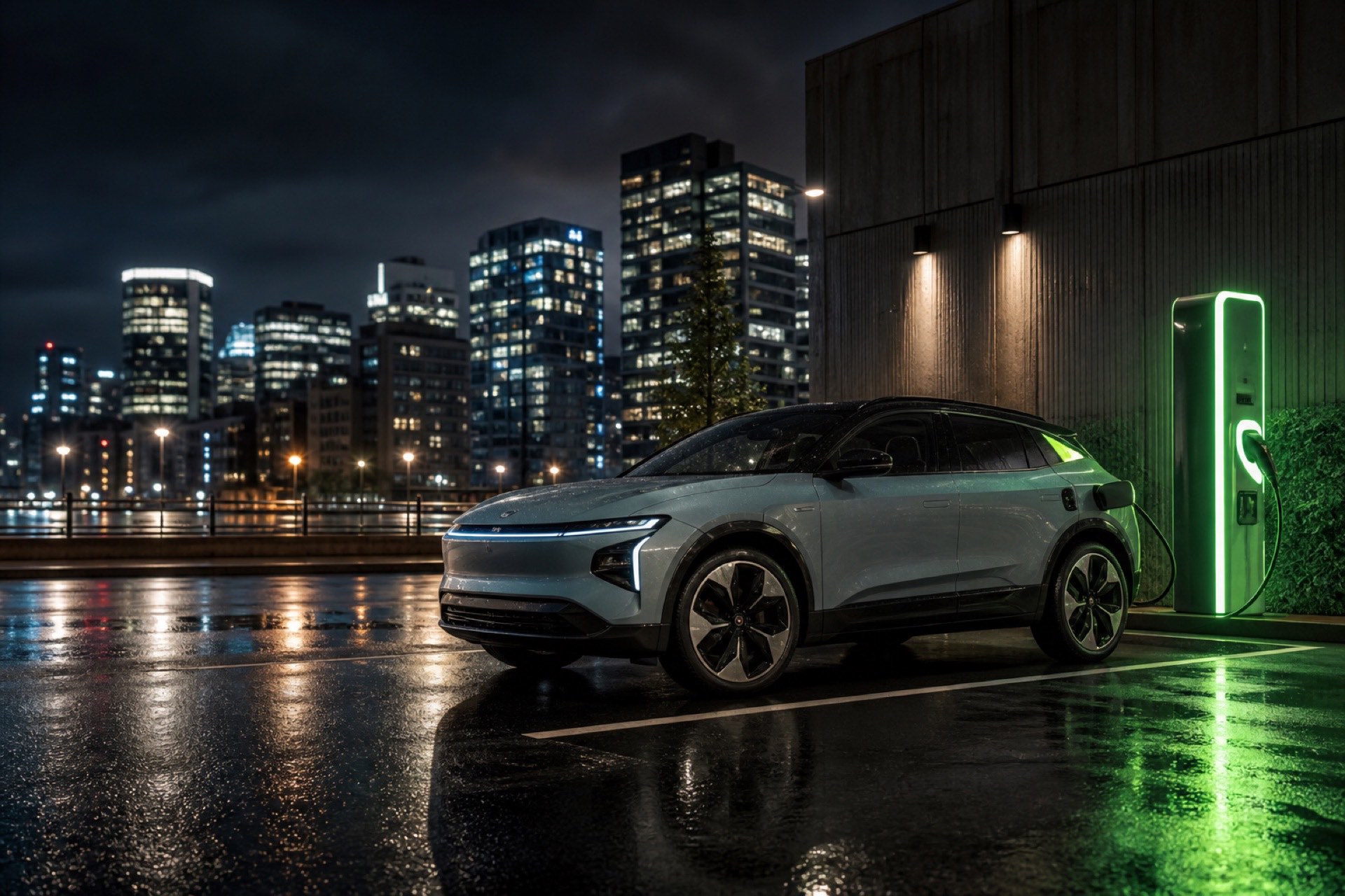 Elektromobilność — auto elektryczne przy ładowarce