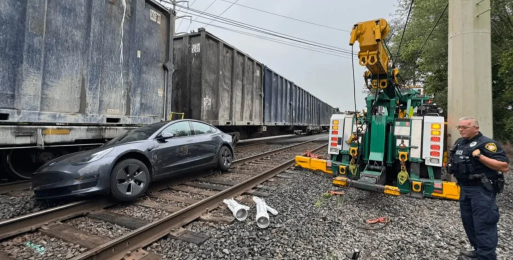 tesla model 3 uderzona przez pociag