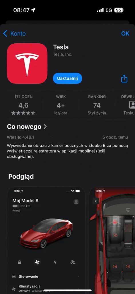 aktualizacja tesla app kluczyk