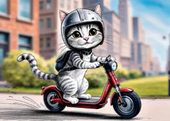 kot na hulajnodze elektrycznej w kasku