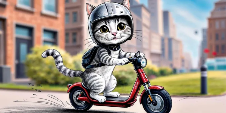 kot na hulajnodze elektrycznej w kasku