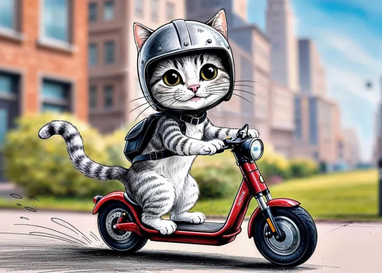 kot na hulajnodze elektrycznej w kasku