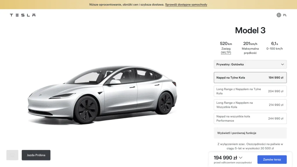tesla model 3 podwyzka ceny