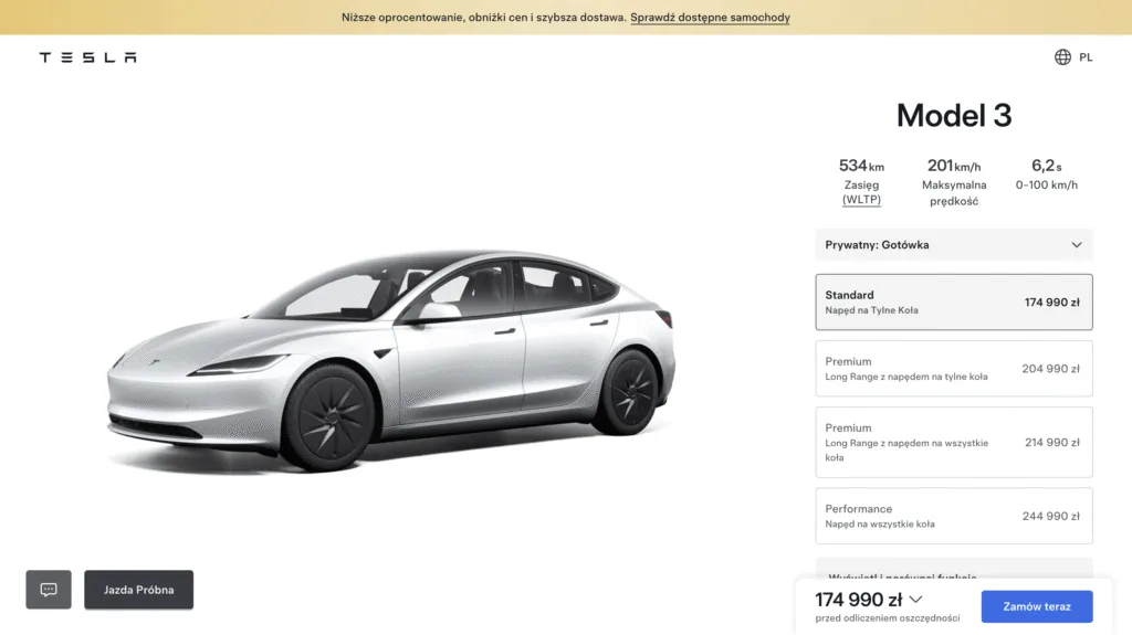 tesla model 3 standard polska